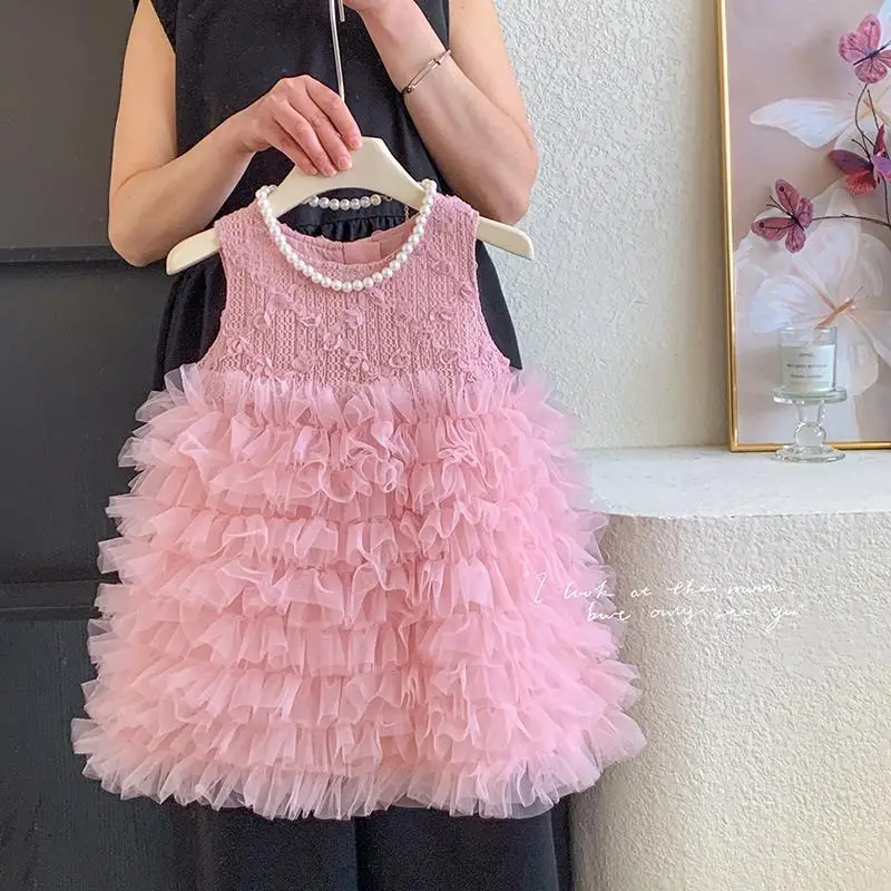 

Children's Summer Sleeveless Princess Dress Fashionable New Style Girls Floral Lace Cake Skirt Dress