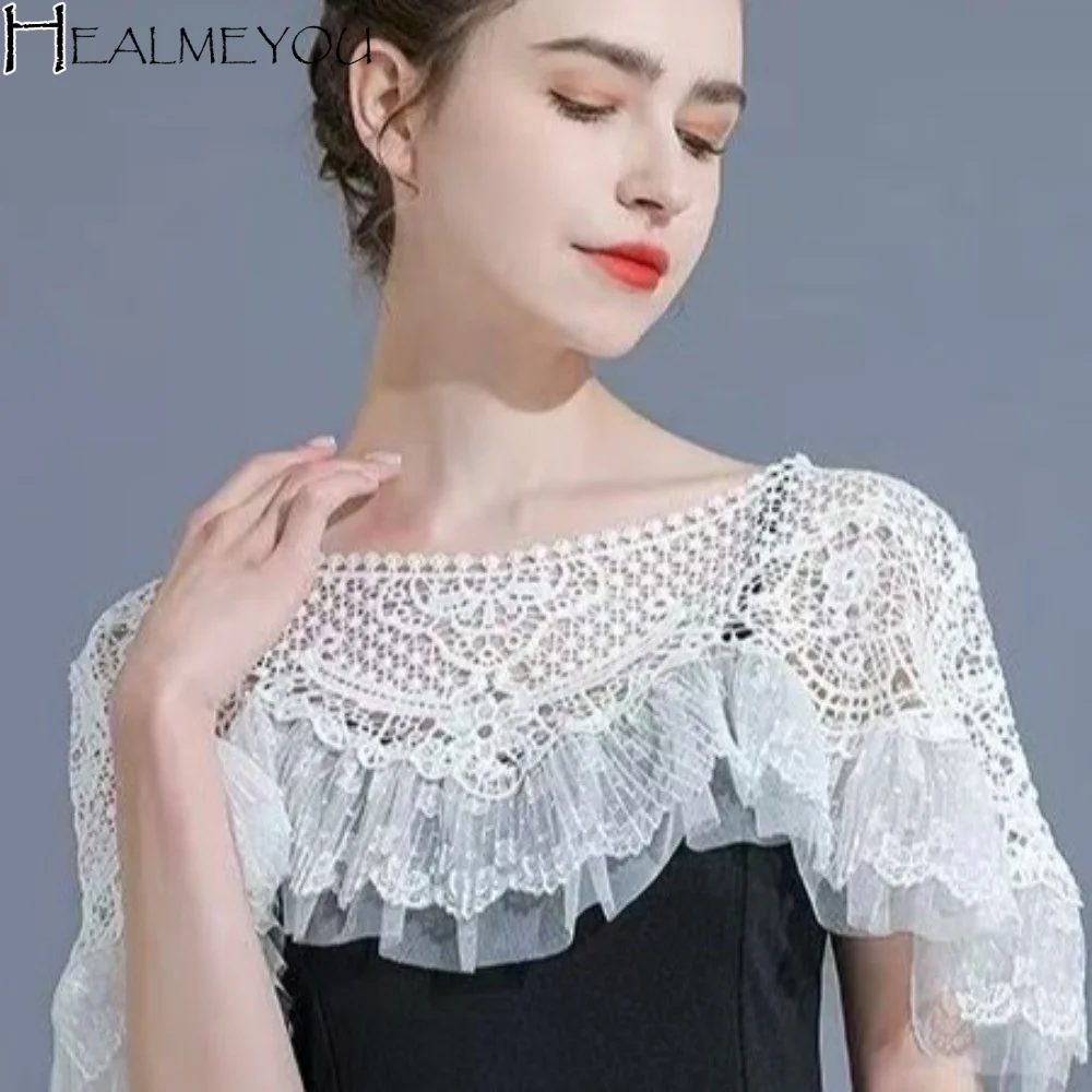 

New Vintage Cheongsam Crochet Tippet Mesh Trim Lace Hollow-Out Shawl White Ruffle Shawl Cape Coat Summer Sun Protection