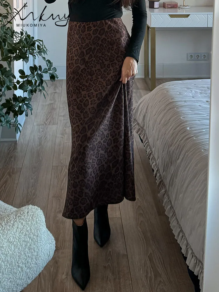Formal Suede Long Skirt For Women Spring Winter Maxi Leopard Print Skirts A Line Elegant Vintage High Waist Women's Skirts Lady