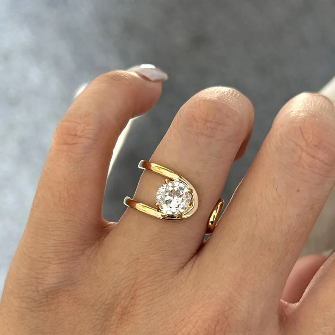 Fashion Glossy Wide Stone U-shaped Double layer  rings for men and women inlay Diamond Round Ring Simple Party Jewelry Gift