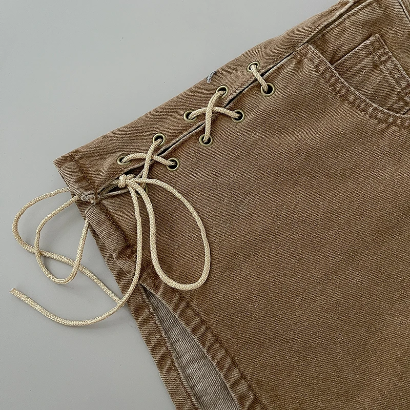 ハイウエストレースアップデニムショートパンツ レディース 韓国風 シック ダメージ加工 カジュアル ショートパンツ 夏 ヴィンテージ スパイシーガール ホットパンツ