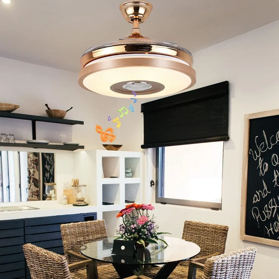 36'' moderne intelligente Deckenventilatoren mit integriertem Licht und Bluetooth-Lautsprecher, 7-farbig verstellbare LED-Beleuchtung, einziehbare Flügel f