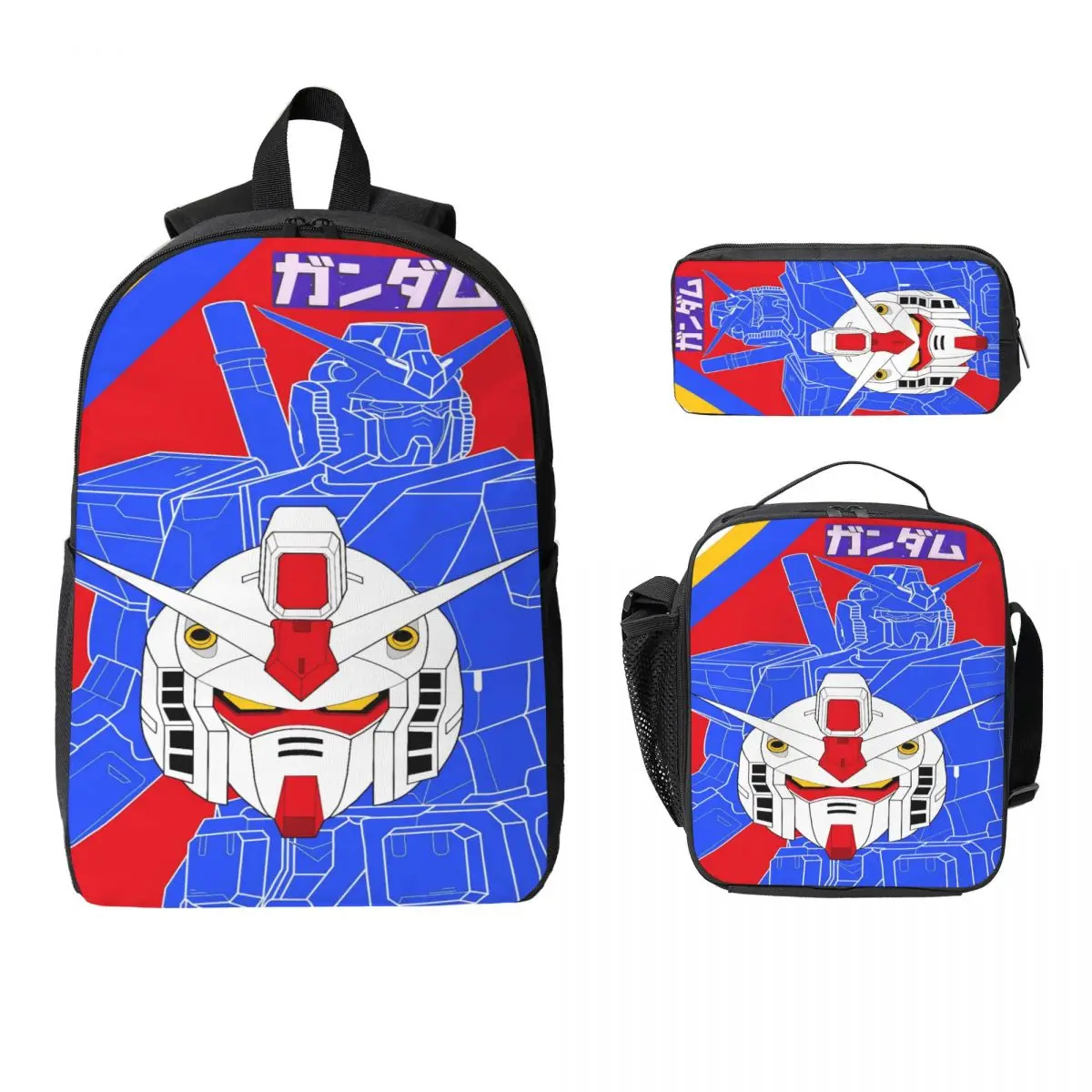 3Pcs Mobile Suit Gundams Backpack Set for Boy Girl Pencil Boxes Bookbag Sets with Lunch Box For School Students Daypack