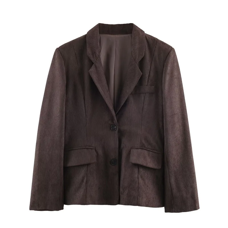 Traje Casual de Moda con Chaqueta de Pana y Pantalones de Pierna Ancha para Mujer, Estilo Europeo, Manga Larga, Color O2O Exclusivo