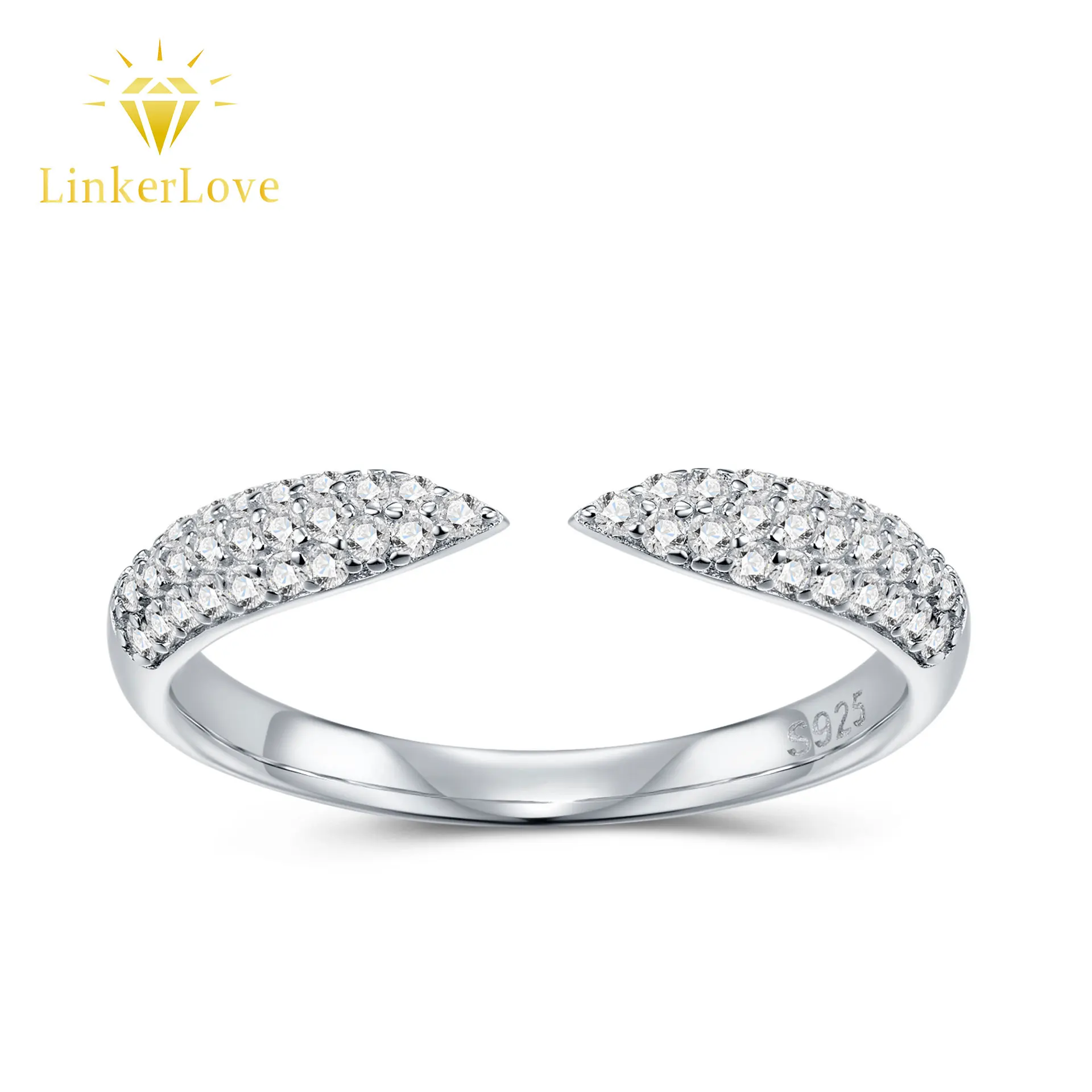 LinkerLove S925 Sterling Silver Moissanite Open Cuff Ring White Gold Plated Stacking Wedding Band for Women Party Fine Jewelry