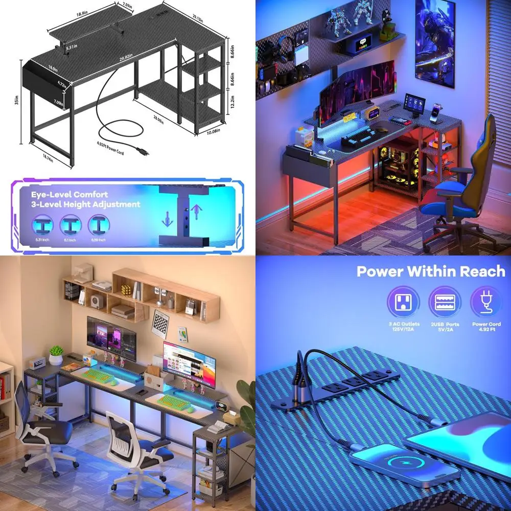 

L Shaped Gaming Desk with LED Lights & Power Outlet, 40" Reversible Computer Desk with Adjustable Monitor Stand and Storage Shel