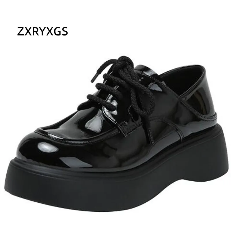 

ZXRYXGS British Style Genuine Leathe Patent Leather Shoes Woman Wedges Thick Soled Shoes New 2023 Autumn Winter Shoes Size 33-40