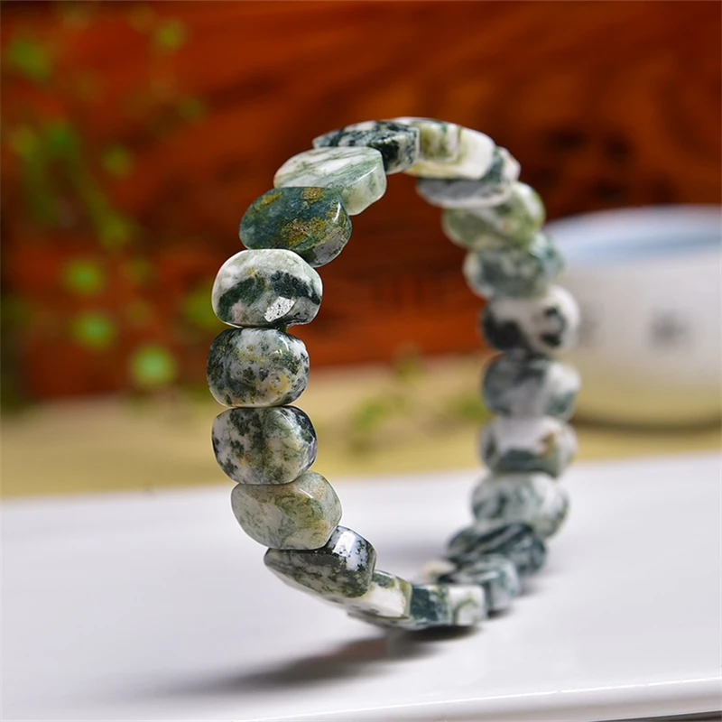 Natural Moss Agate Facet Bangle Crystal Healing Stone Stretch Polychrome Gemstone For Women Birthday Present 1pcs 9X15MM