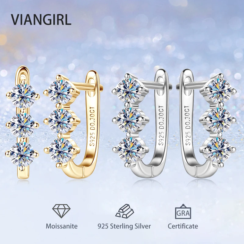 3MM Trendy Moissanite Hoop Earrings For Women Girls 925 Sterling Silver Three Stone Sparkling Diamond Earring Fine Jewelry Gifts