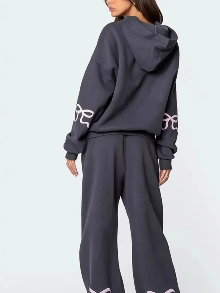 

Solid Color 2 Pieces Set For Woman New In Matching Sets Two Piece Outfit Hoodie Loose Wide Legs Trouser Bowknot Women's Clothing