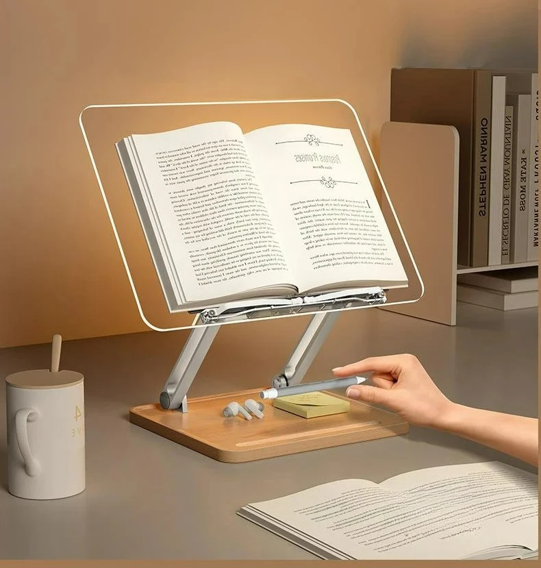 Wooden Reading Stand Transparent Acrylic Multifunction Lifting Tablet Holder Laptop Bracket Desktop Storage Bookshelf