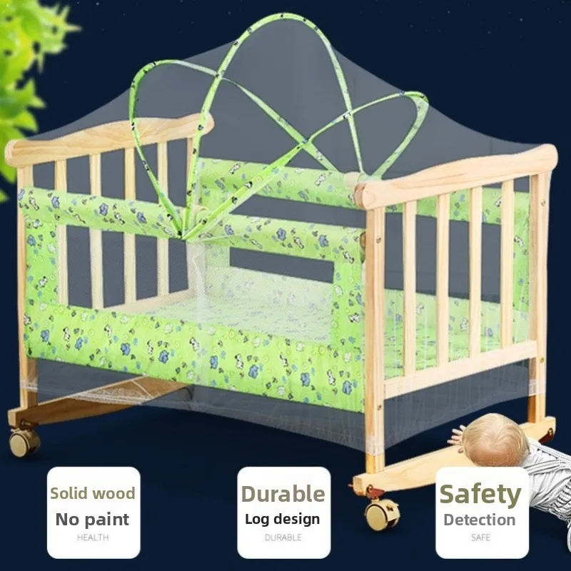 2026 hot sell Baby solid wood paint-free environmentally friendly cradle bed, movable baby cradle