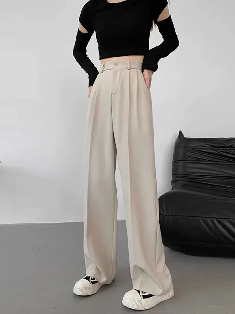 2023 New Retro Straight Wide Leg Brown Pants Vintage Female Korean High Waist Casual Long Navy Blue Pants White Beige Trousers