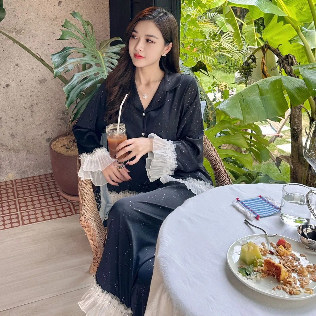 New Pearl French Sweet and Elegant Mesh Splicing Women's Summer Home Clothes Long Sleeve Long Pants Ice Silk Thin Pajamas