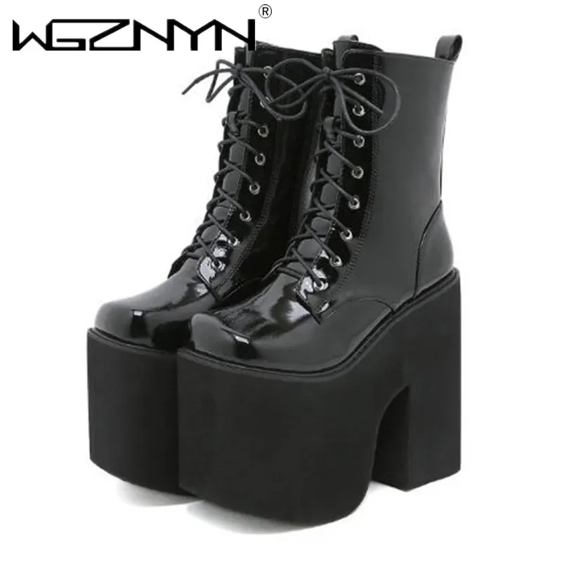 2025 High Platform Boots Women Goth Punk Chunky Heels Catwalk Combat Boots Lace Up Daughter Patent Booties Botas Mujer Plus Size