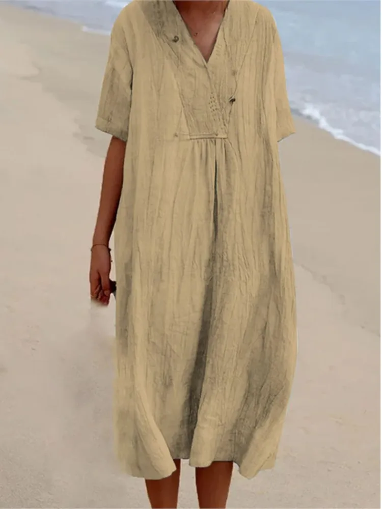 

Women's Solid Color V-neck Long Dress Short-sleeved Deep V-neck Fashion Loose Trendy Cotton And Linen Casual Long Dress