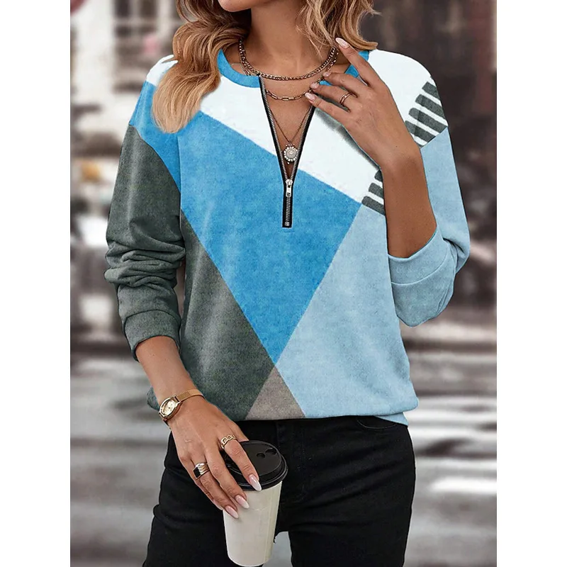 Felpa casual da donna Fashin Griglia geometrica cuciture Manica lunga O-Collo Pullover con cerniera Autunno Inverno Top Felpa da donna