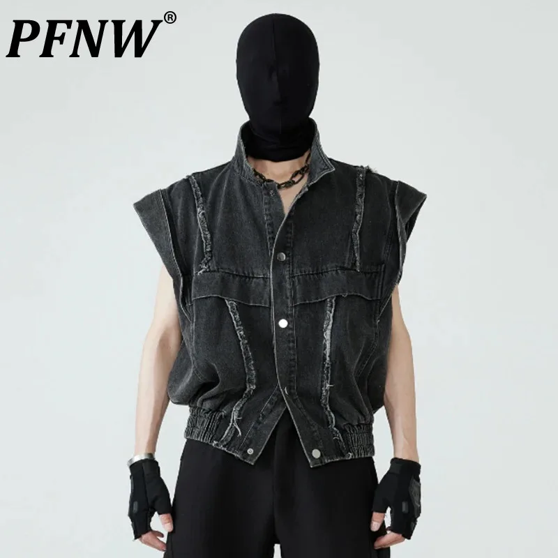 

PFNW Men's Denim Vest Washed Worn-out Row Edge Top Single Breasted Turn-dwon Collar Sleeveless Male Jacket New Streetwear 12C555