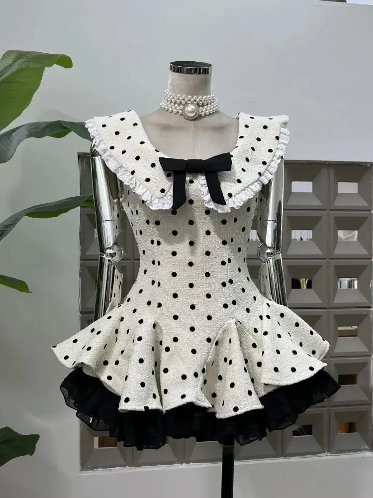 

Women's Sexy A Line Lace Edge Polka Dot Fashion Round Neck Bow Short Mini Dresses Birthday Party Dinner Evening Cocktail Dress