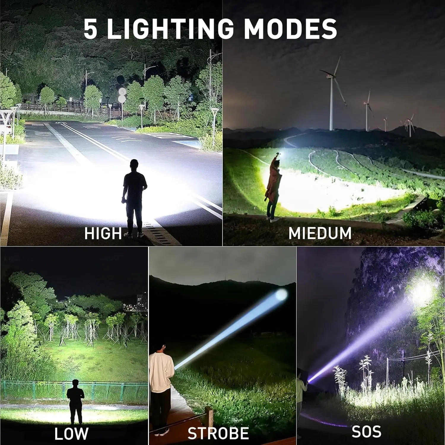 Super Bright 90,000 Lumens LED Flashlight with 5 Modes, IPX7 Waterproof for Camping and Emergencies