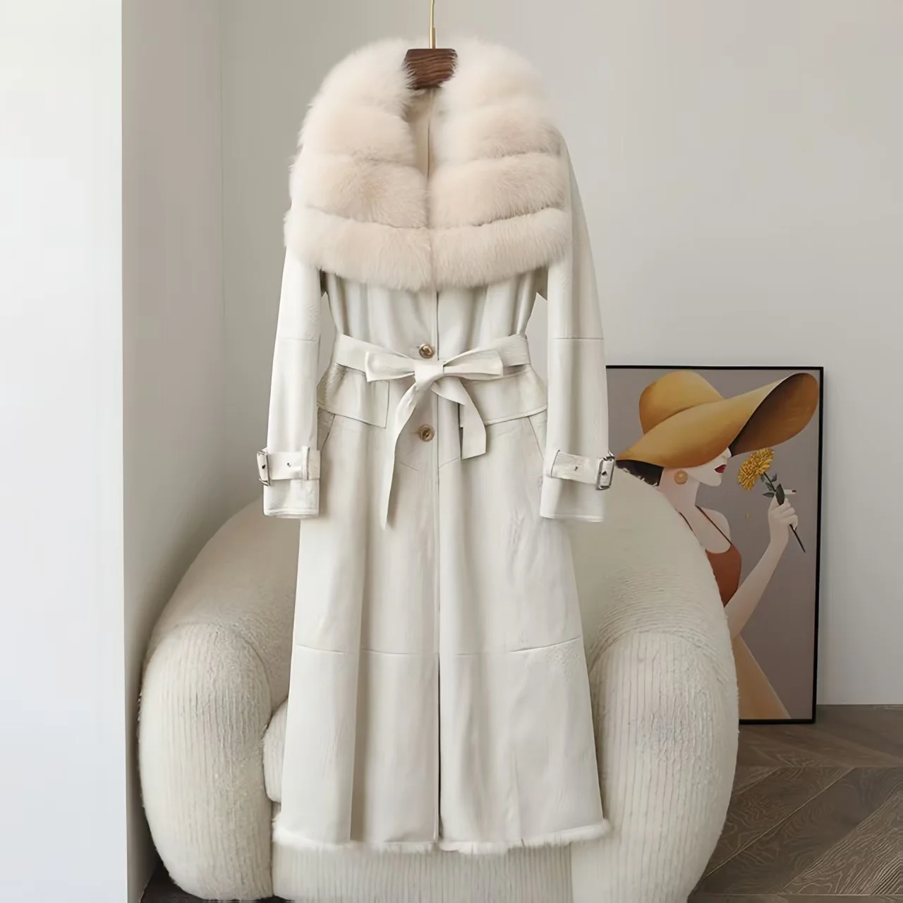 Faux Leather Coat for Women,Faux Fox Fur Collar Jacket,Adjustable Waist Outwear,Luxury,Korean,Autumn and Winter,2026