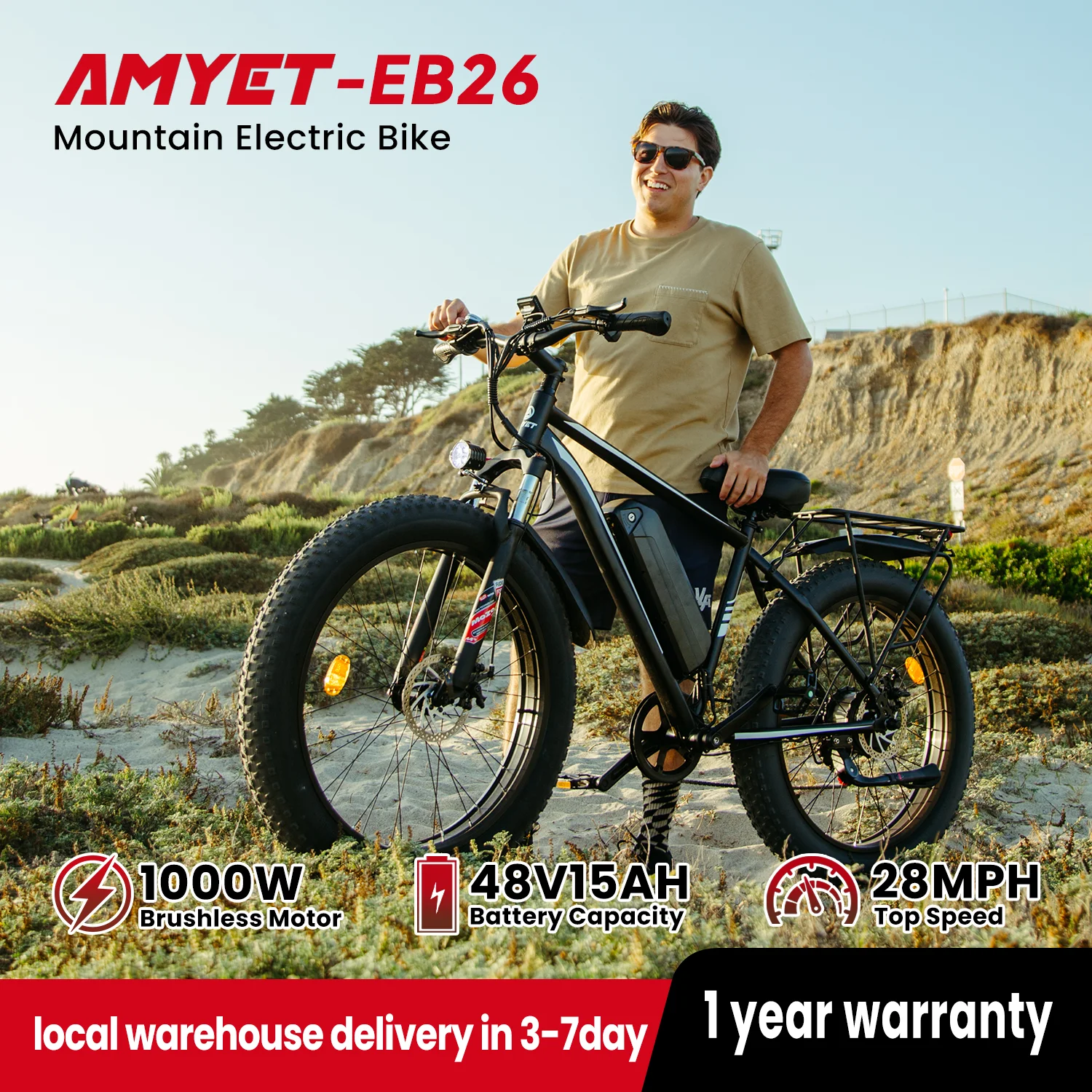 Bicicleta eléctrica AMYET EB26 bicicleta eléctrica azul para adultos 28mph pico 1500W 720WH Ebike 26 "neumático ancho bicicleta de montaña bicicleta eléctrica de la suciedad