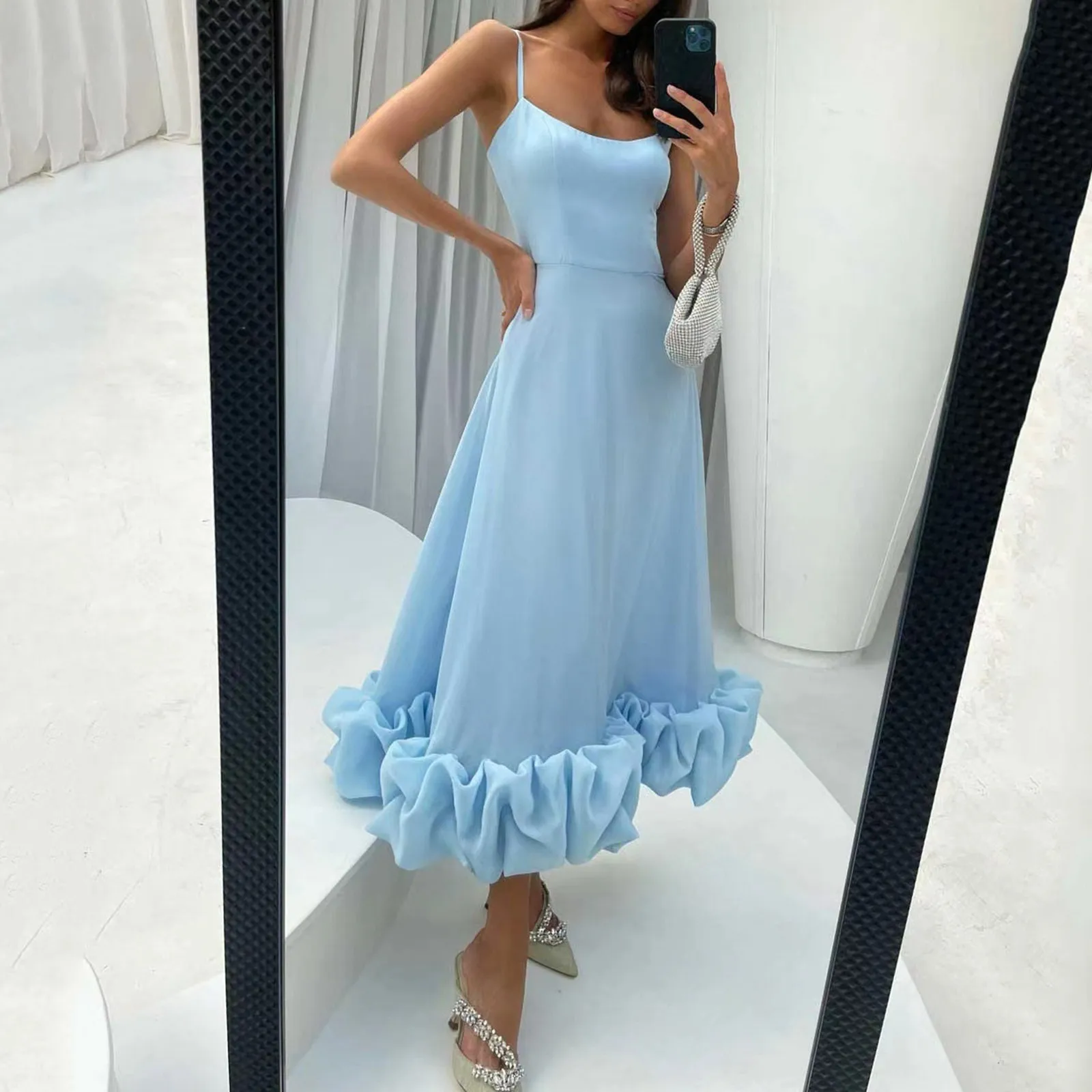 

Elegant Ruffle Solid Sling Long Dress Women Strap Waist Party Dresses Fashion Sleeveless Backless Beach Swing Skirt A-Line Dress