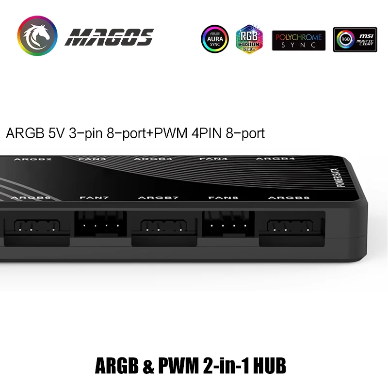 Computer Case ARGB+PWM Hub 2-in-1 Chassis Fan Series 4Pin Connector 5V 3Pin Divine Light Sync, 8+8 Headers