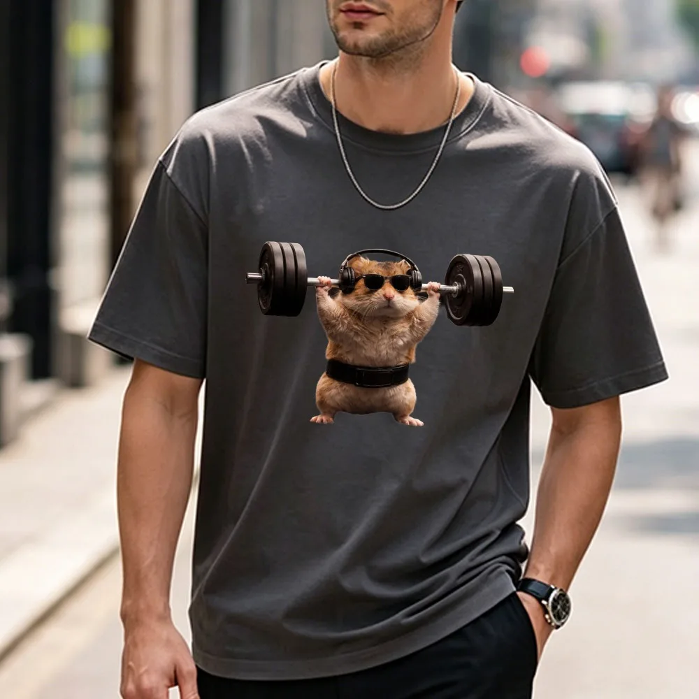 Cool Hamster with Sunglasses Headphone Lifting Barbell Graphic Print Cotton T Shirt Funny Gym Fitness Animal Cartoon Casual Tees