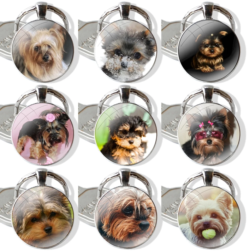 Yorkshire Terrier Dog Puppy Keychain Handmade Glass Cabochon Key Ring Holder Pendant Key Chains