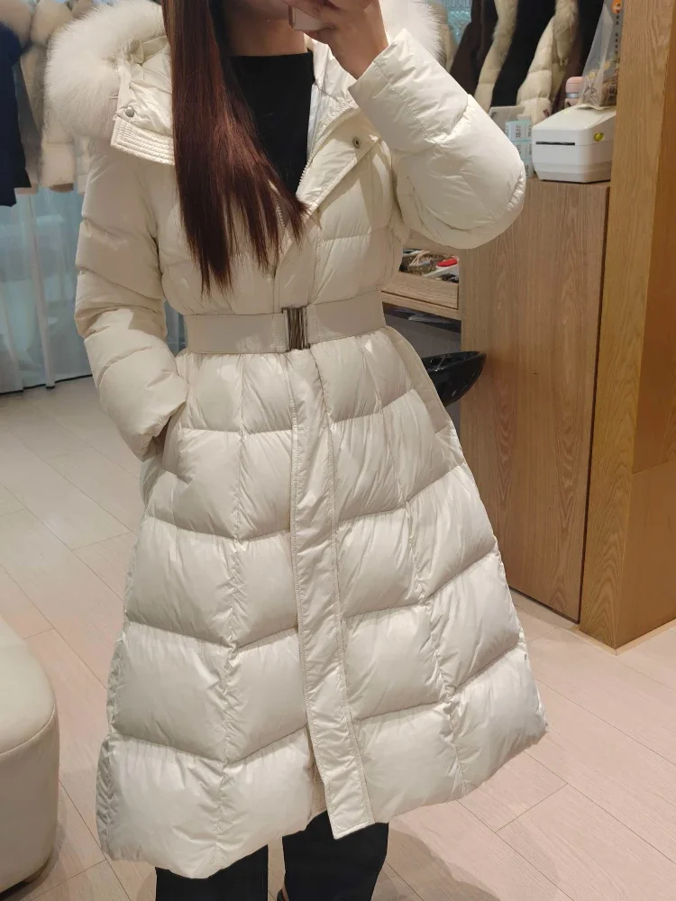 Fur Hood Puffer Coat Women  Winter Long Outerwear Belted Waist Zip Closure Side Pockets Warm Loose for Cold Weather Commuting