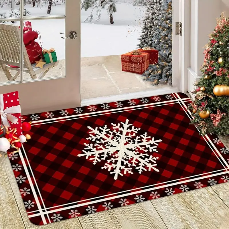 VIKAMA Christmas Buffalo Check Rug, Non-Slip Entry Mat with Snowflake Christmas Border Design, Christmas Home Decor