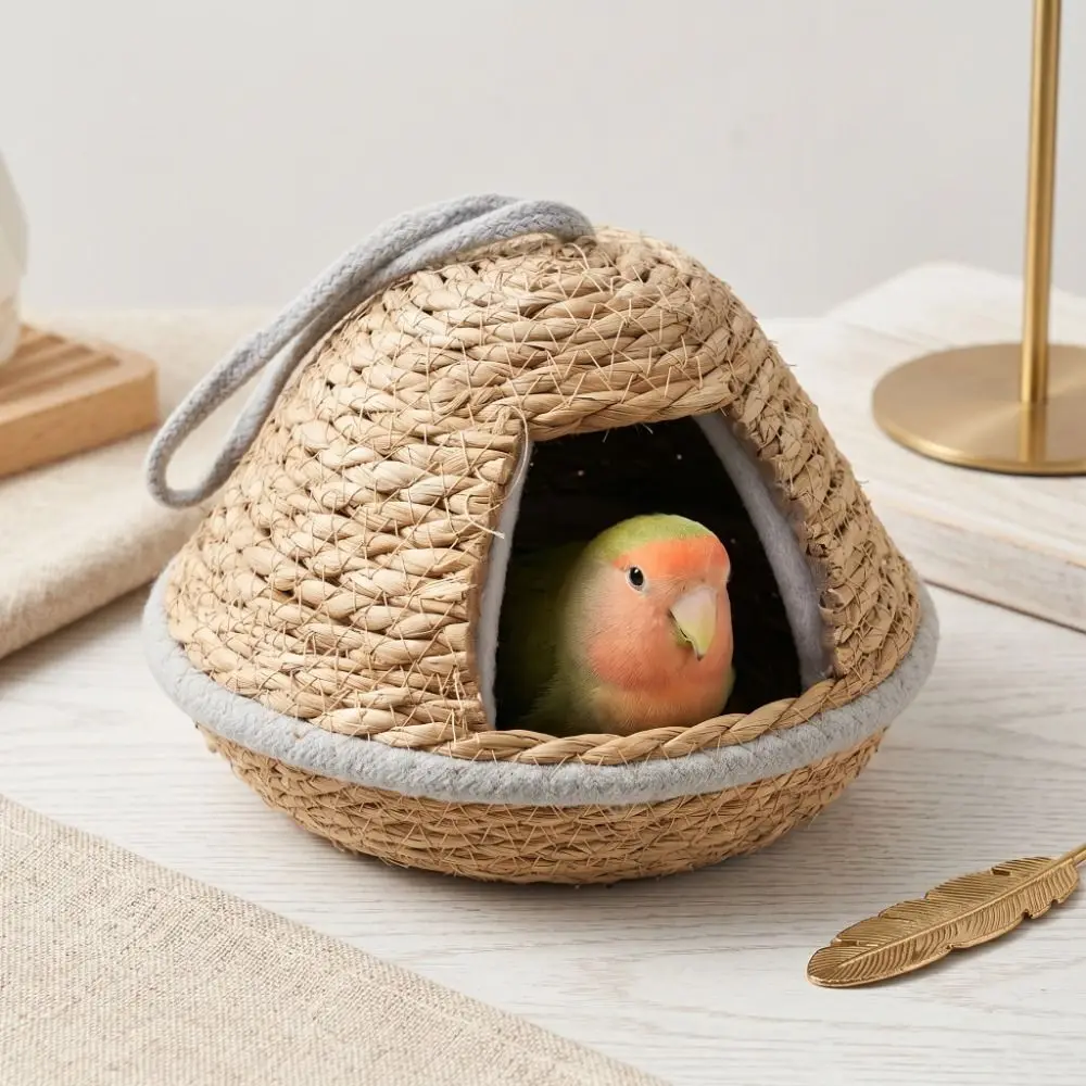 Cottage Style Weaved Bird House Breathable Hand-Woven Hanging Parrot Nest Vintage Outdoor Bird Shelter Outdoor Garden