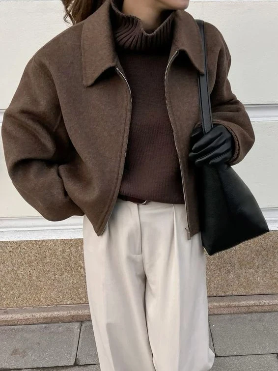 

Vintage Solid Woolen Coat Jacket Women Autumn Turndown Long Sleeve Zipper Cardigan Outerwear Streetwear Fashion Casual Jackets