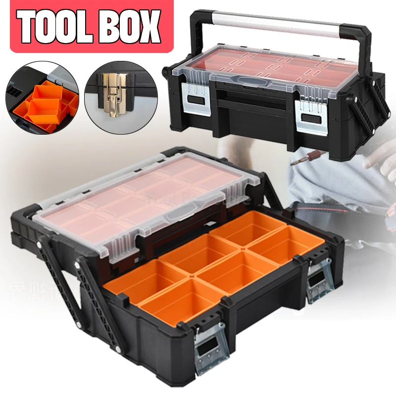 Potable Hardware Toolbox Parts Storage Box 2-Layer Folding Hard Case Box Empty Large Tool Box Screws Accessories Organizer