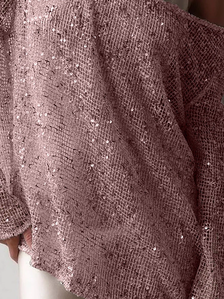 

Сексуальный свободный пуловер с длинными рукавами, новинка 2025, осень, однотонные повседневные блузки, женский вязаный топ с диагональным воротником и блестками