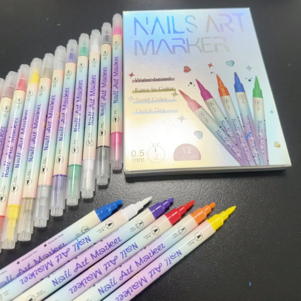 12 Colors Waterproof Quick Dry Nail Art Pens 0.5mm Extra Fine Tip Acrylic Paint Markers for DIY Christmas Birthday Party