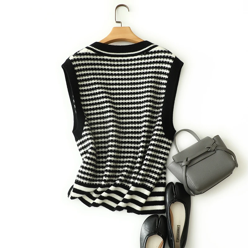 masigoch autumn winter chic knitwear luxury jacquard 100% cashmere striped cardigan vest