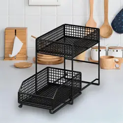 2 Tier Under Sink Organizer Metal Kitchen Cabinet Organizer Sliding Cabinet Basket for Kitchen Cabinet Bathroom Home Countertop