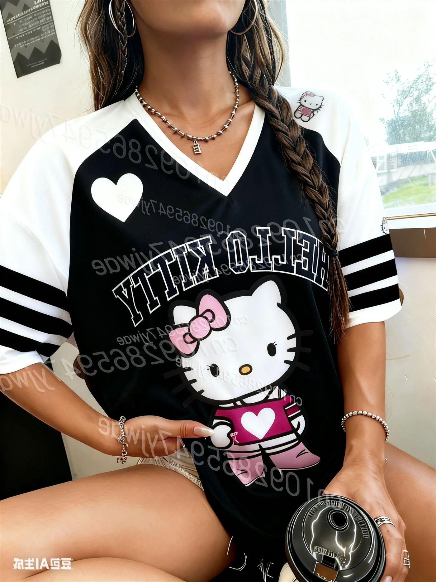 

Women'S Hellokitty Printed Graphic T-Shirt Fashionable Football Jerseys Short Sleeve V-Neck Loose Streetwear Autumn T-Shirt Top