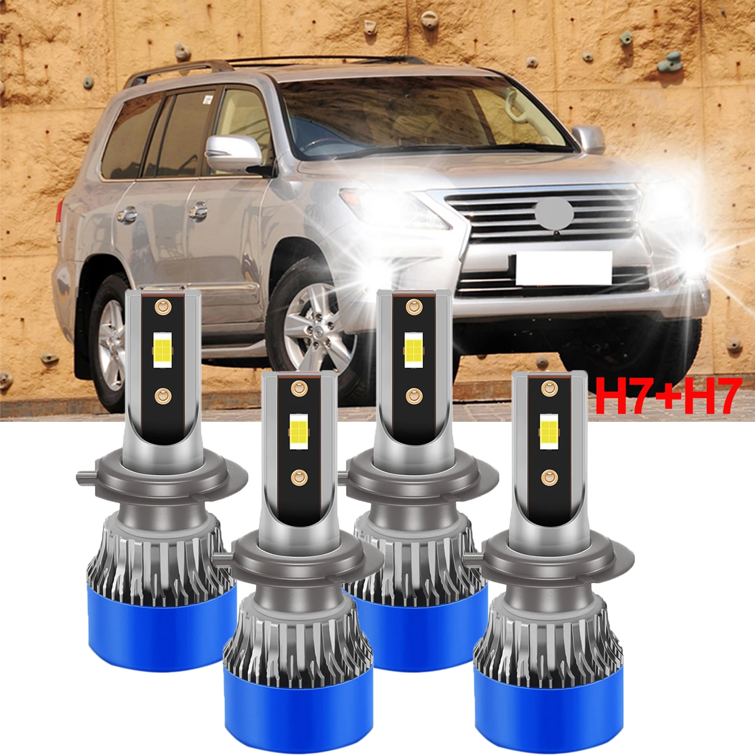 4-teiliges H7-LED-Scheinwerfer-Kombi-Lampen-Set, Fern-/Abblendlicht, 6000 K, superhelles Weiß, 3570 CSP, LED-Autolicht