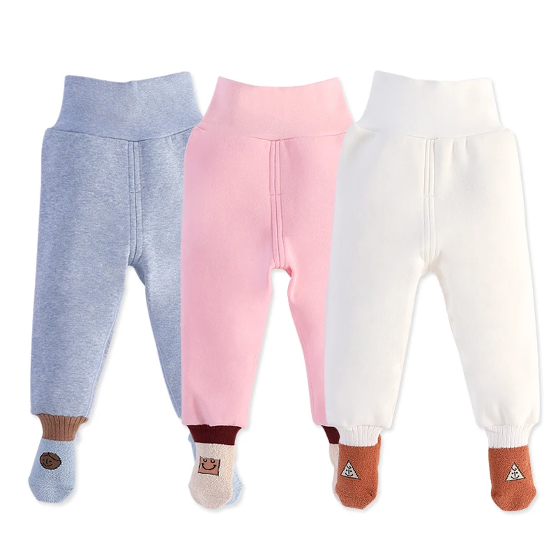 Baby Boy Girl Footed Pants High Waist Belly-protecting Pyjamas Pants  with Socks Autumn Winter Thcik Long Trousers Kid PP Pants