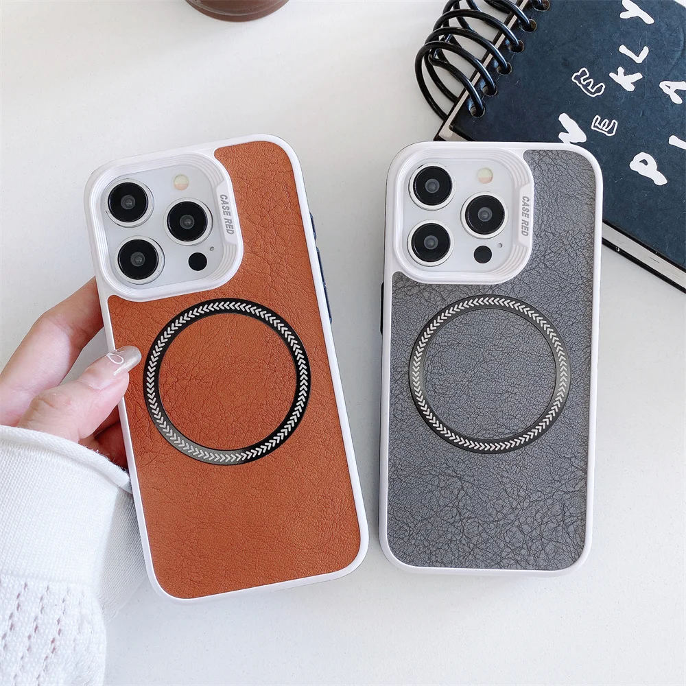 Luxury O-Ring Magnetic Leather Case for iPhone 15 Pro Max 11 12 13 Pro 14 Plus Ultra-Thin Wireless Charging Phone Cover Funda