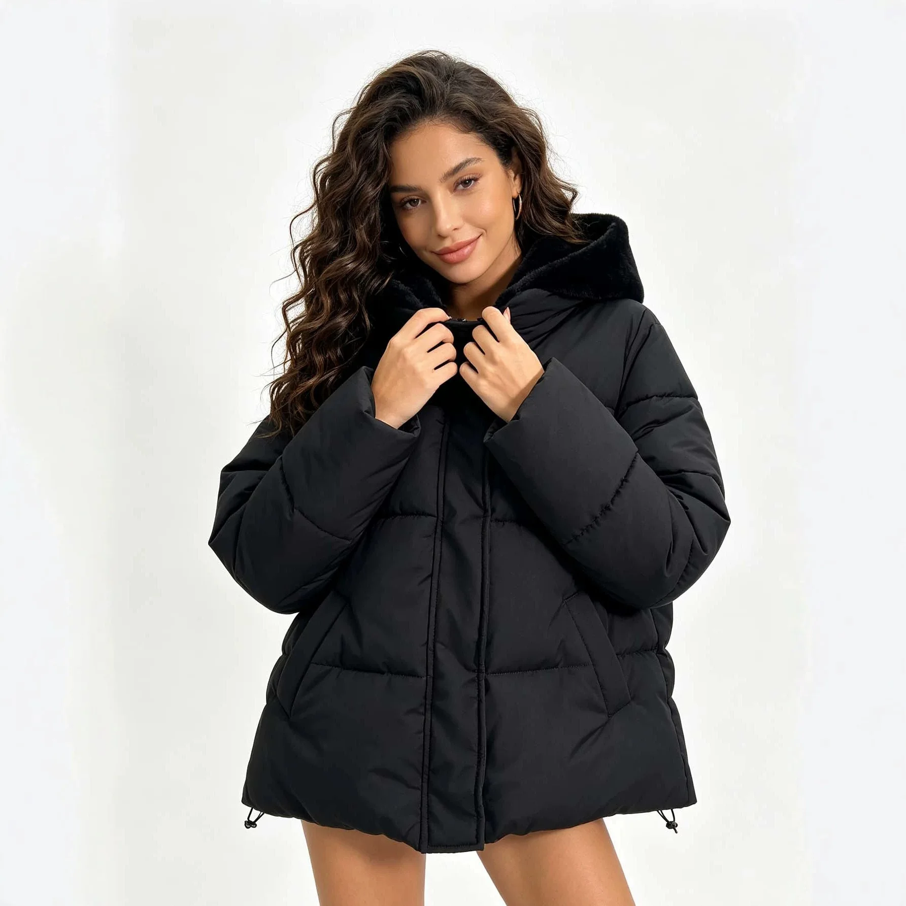 Fake Two Piece Hooded Padded Coat Women's Zip Up Cropped Winter Daily Commute Campus Trendy Warm Soft New Luxe Cool Chic Coats