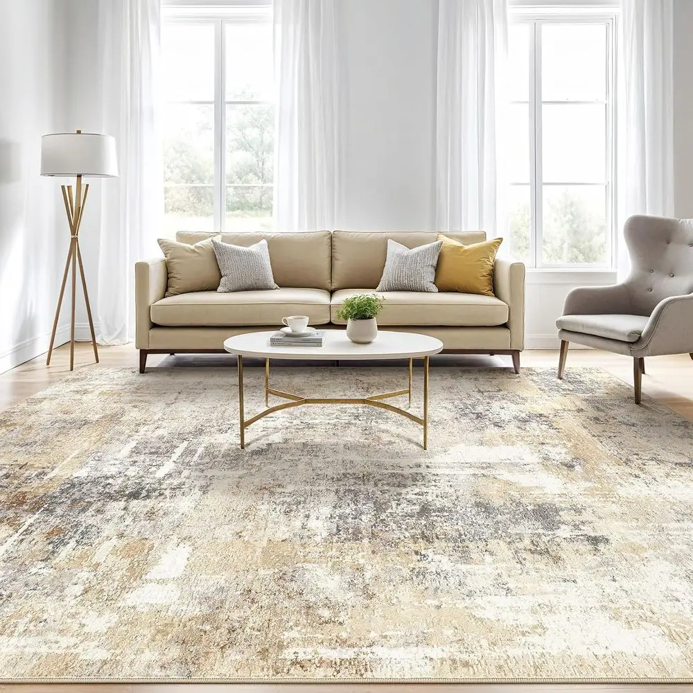 Large 8x10 Washable Abstract Neutral Rug, Stain Resistant, Non-Slip for Living Room, Bedroom, and More - Grey Gold
