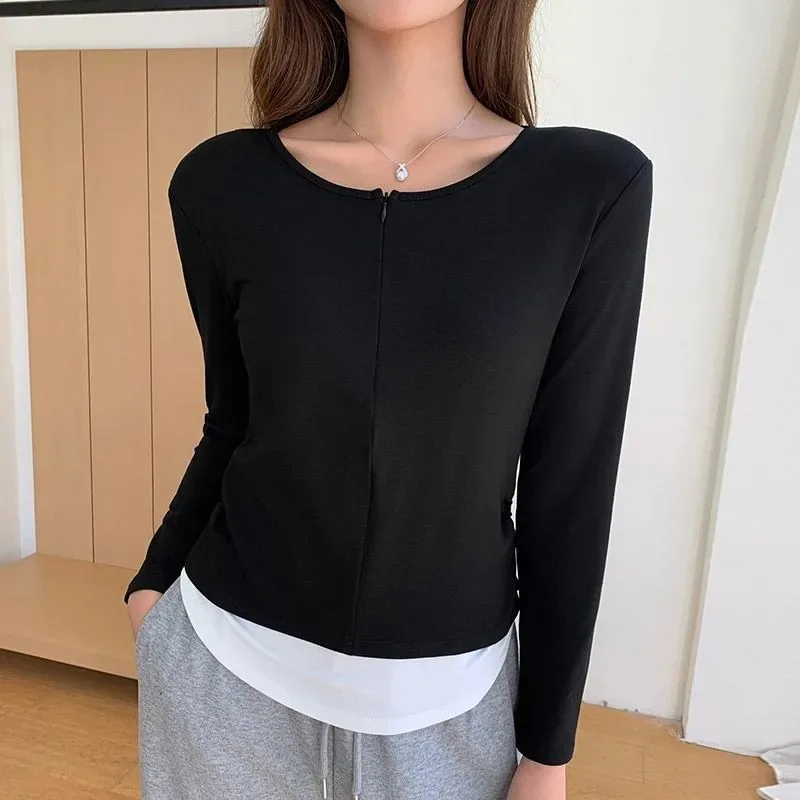 Women Fake Two Piece Long Sleeve T Shirt Color Block Slim Fit Ruched Basic Top