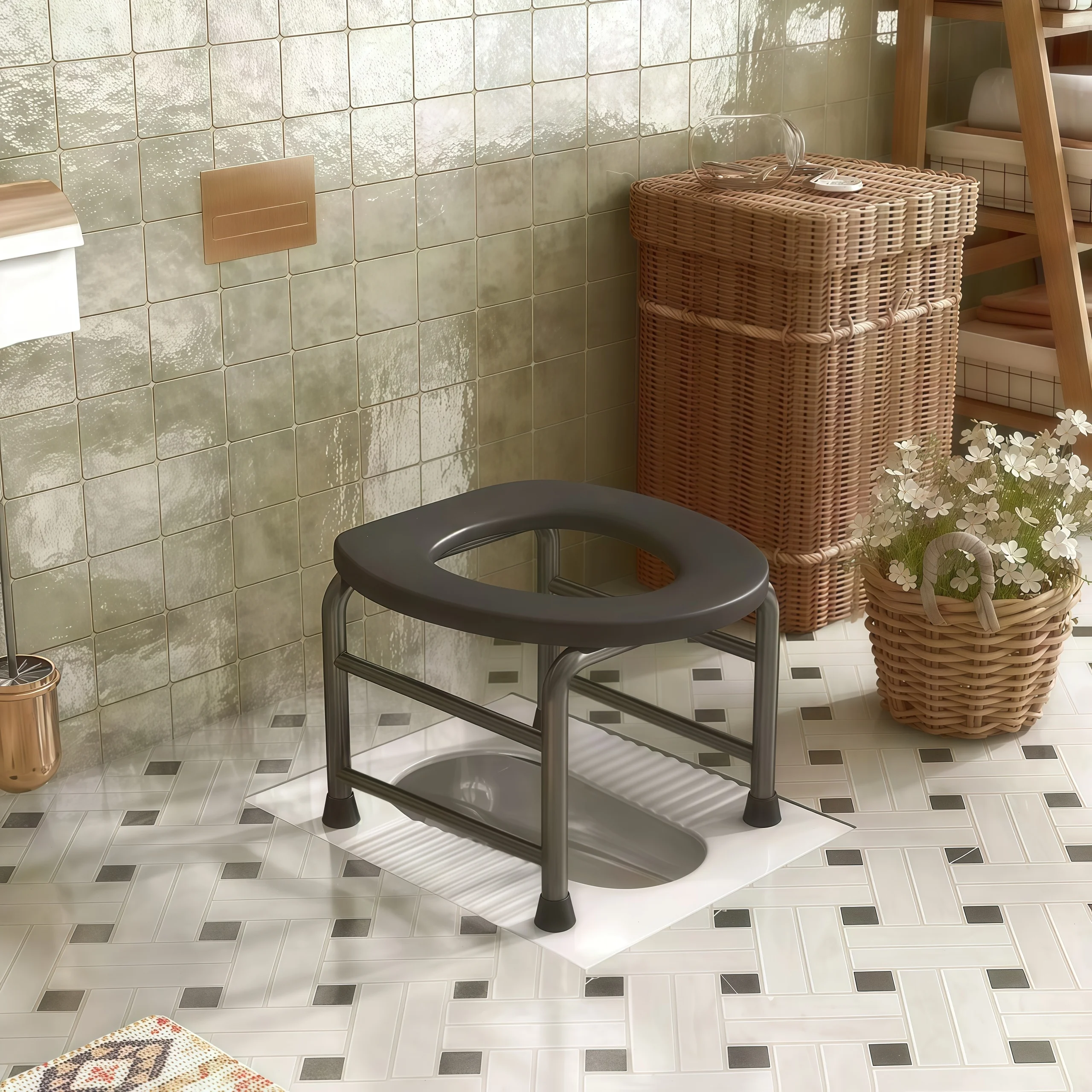 Conjunto Gratuito de Três Peças (Prancha de Banho, Almofada de Assento, Cadeira de Comodo) Cadeira Sanitária Fixa em Aço Carbono, À Prova de Ferrugem e Fácil de Limpar, Adequada para Uso Temporário em Banheiros e Exteriores
