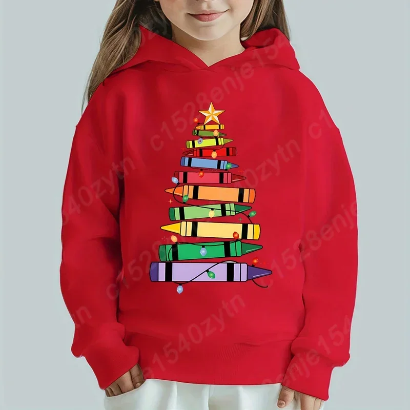 Girls' Christmas Hoodies, Christmas Light Crayon Tree Print Hoodies, Long Sleeves Sweatshirts, Casual Merry Xmas Pullovers