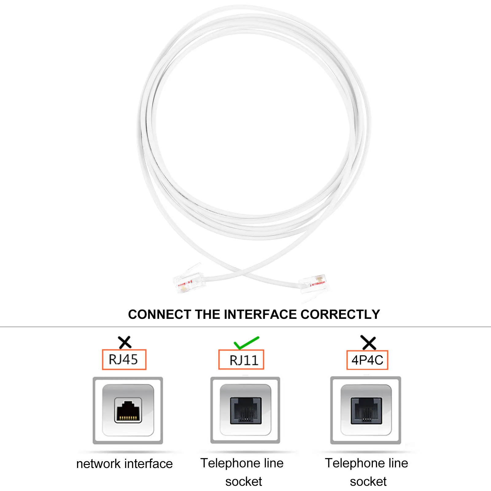 2m Telephone Cable 2-Core Rj11 Plug Telephone Cord Durable Flat Wire for Landline Phone Noise-Free Accessories