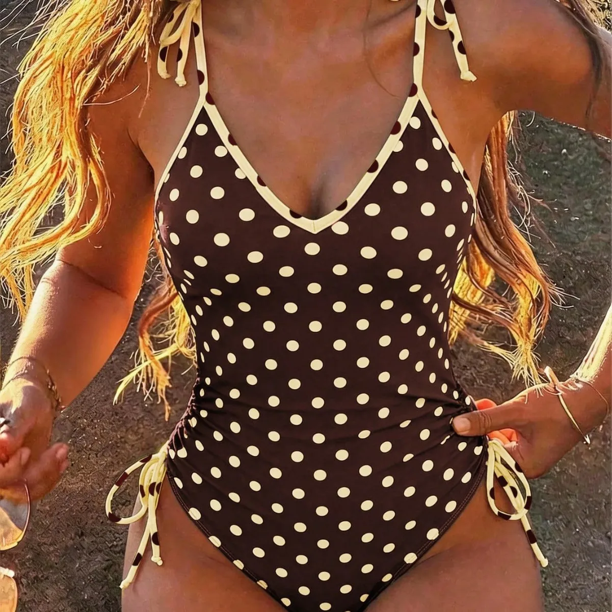 Women Vintage Polka Dot One Piece Suits Bathing Suit V Neck Self Tie Shoulder Strap Side Gathered High Leg Bikinis Swimwear